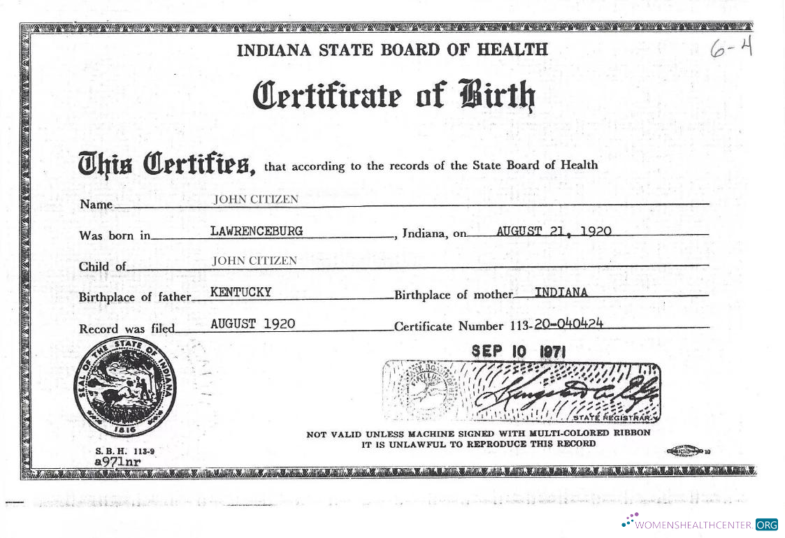 Download United States Indiana State board of health birth certificate Photoshop template